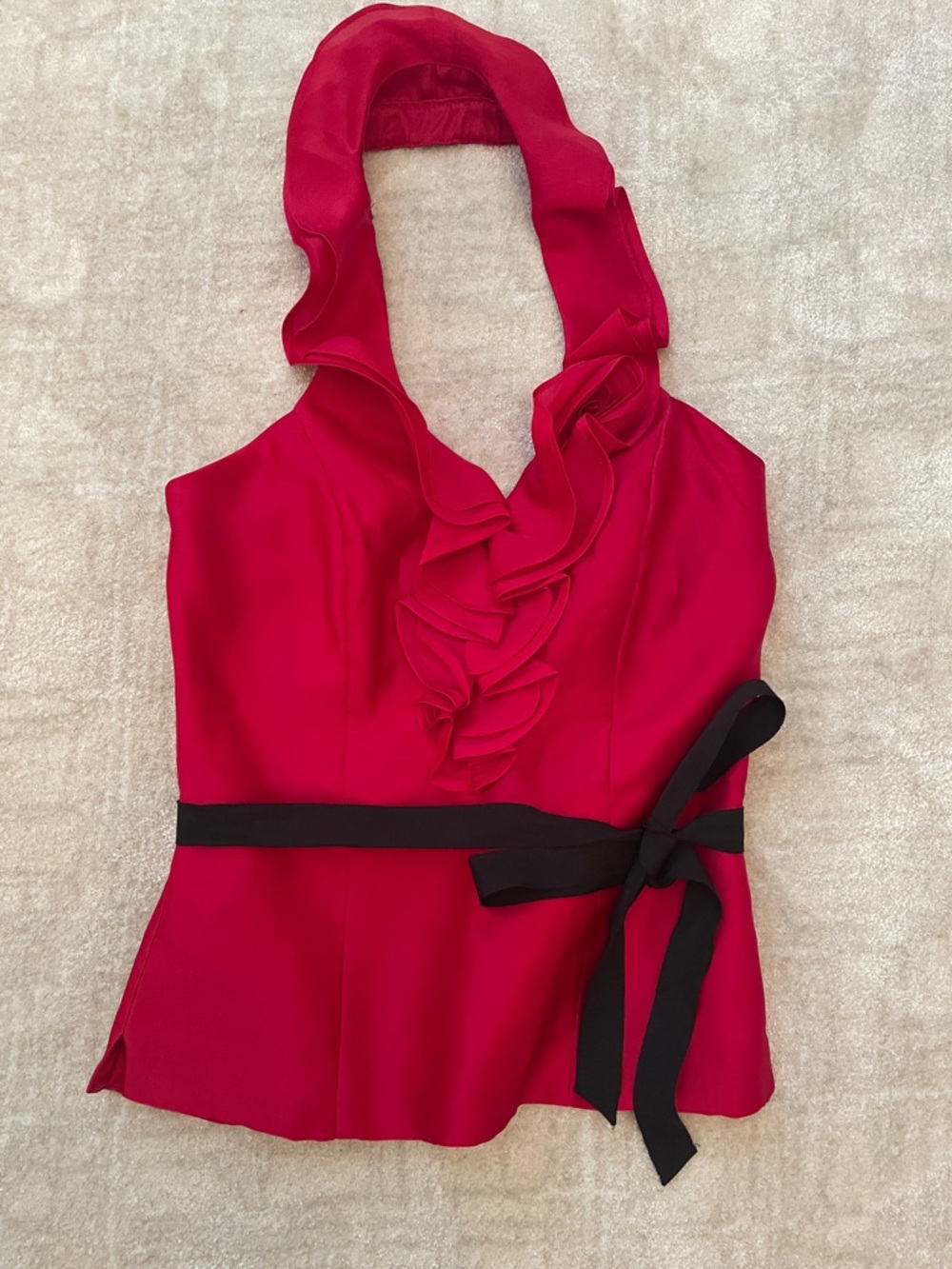 White House Black Market Red Ruffled Halter Camisole with Black Waist Tie